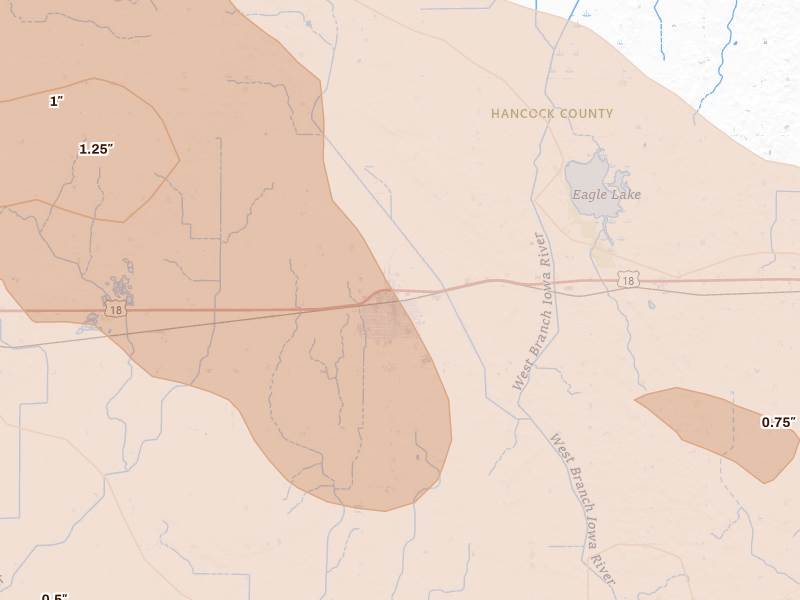 Radar-estimated hail-size map of the storm over Britt, IA on Jul 20, 2026