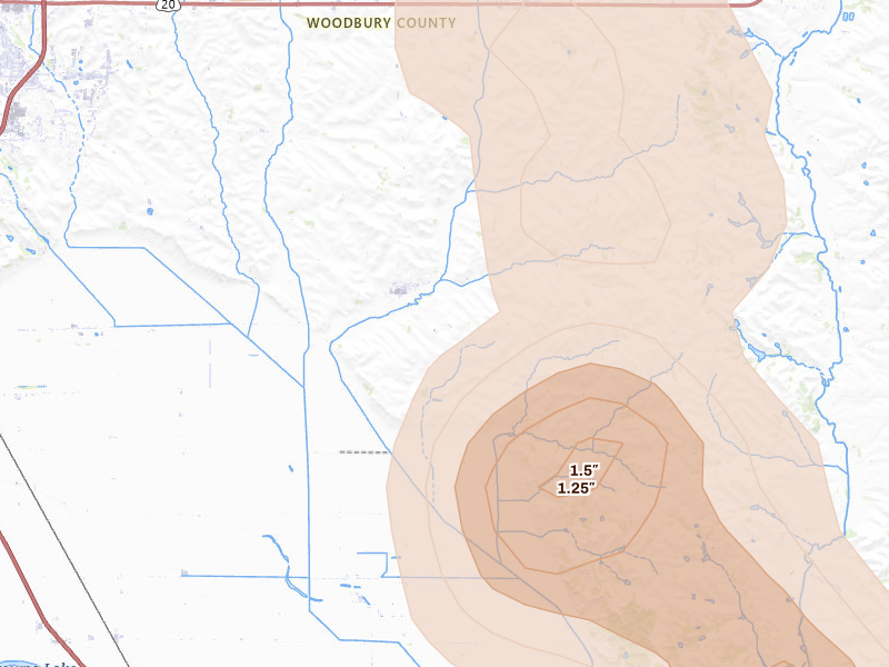Radar-estimated hail-size map of the storm over Bronson, IA on May 31, 2026