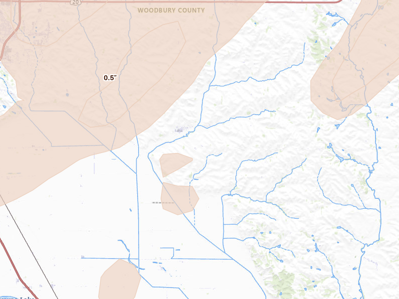 Radar-estimated hail-size map of the storm over Bronson, IA on Jul 1, 2026