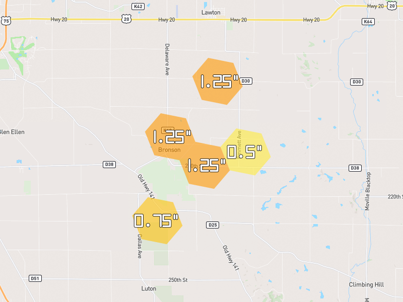 Hail map of Bronson, IA on Jul 1, 2026, hail up to 1.25"