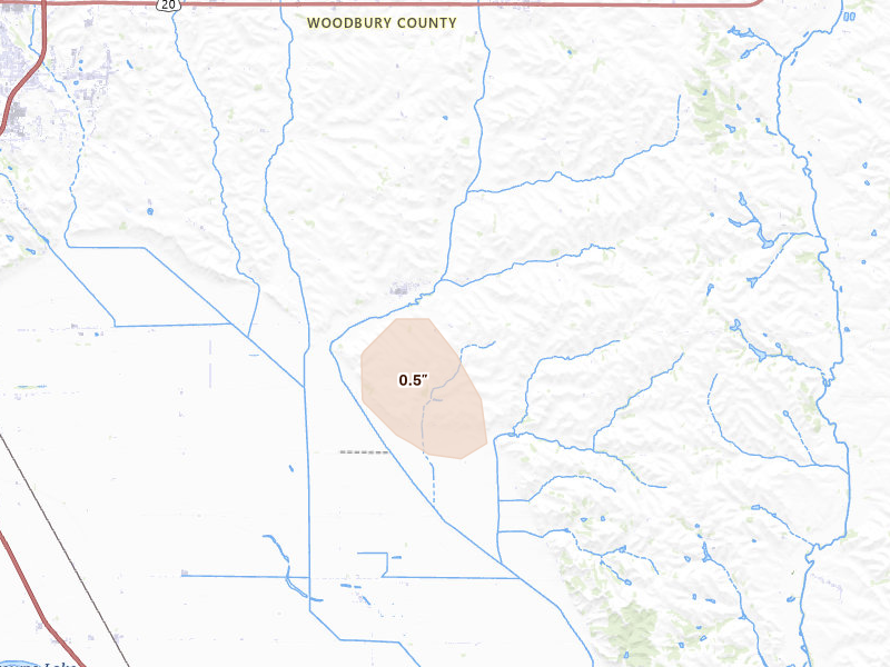 Radar-estimated hail-size map of the storm over Bronson, IA on Aug 5, 2026