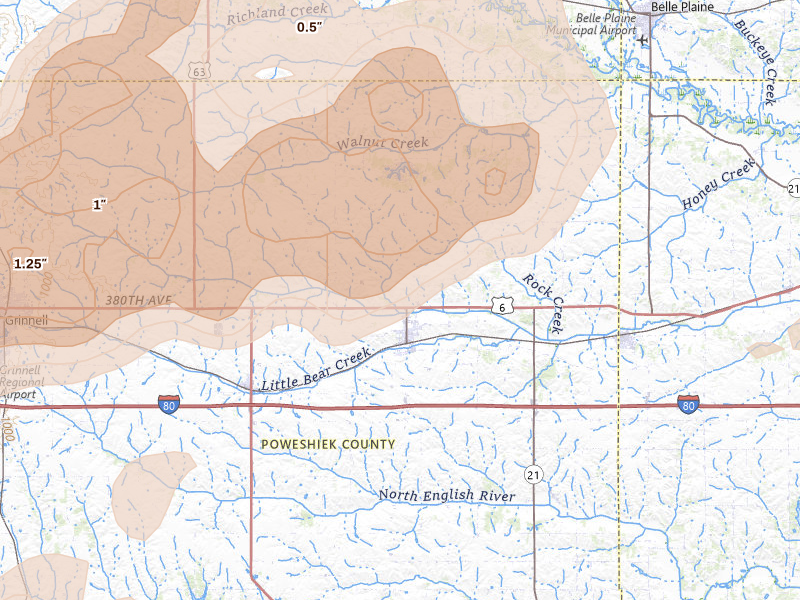 Radar-estimated hail-size map of the storm over Brooklyn, IA on Apr 17, 2026