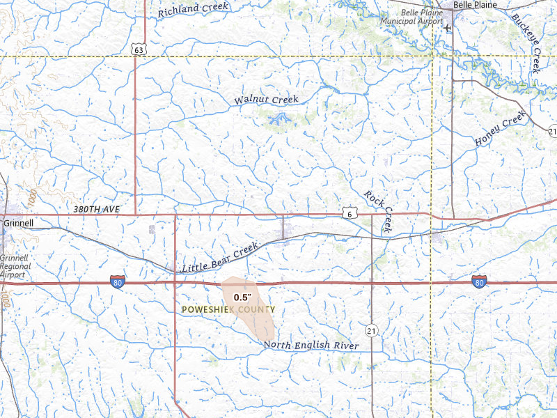 Radar-estimated hail-size map of the storm over Brooklyn, IA on May 18, 2026