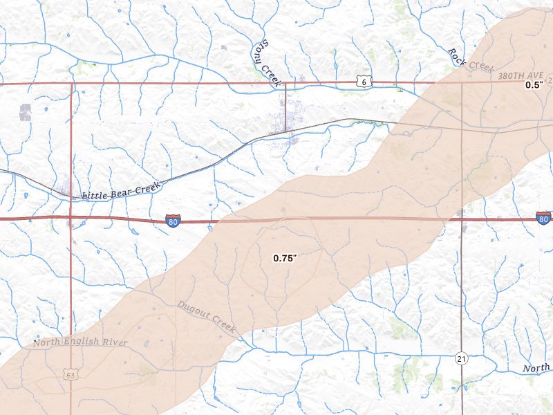 Radar-estimated hail-size map of the storm over Brooklyn, IA on Jun 11, 2026