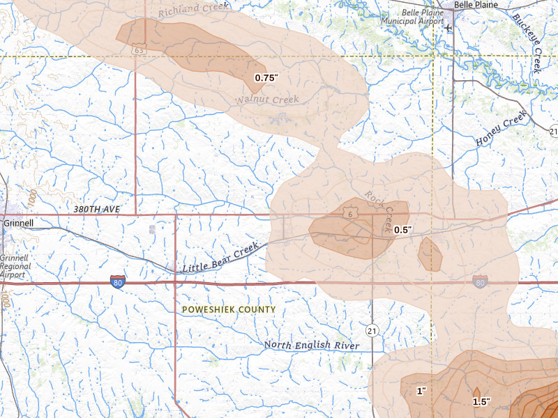 Radar-estimated hail-size map of the storm over Brooklyn, IA on Aug 7, 2026