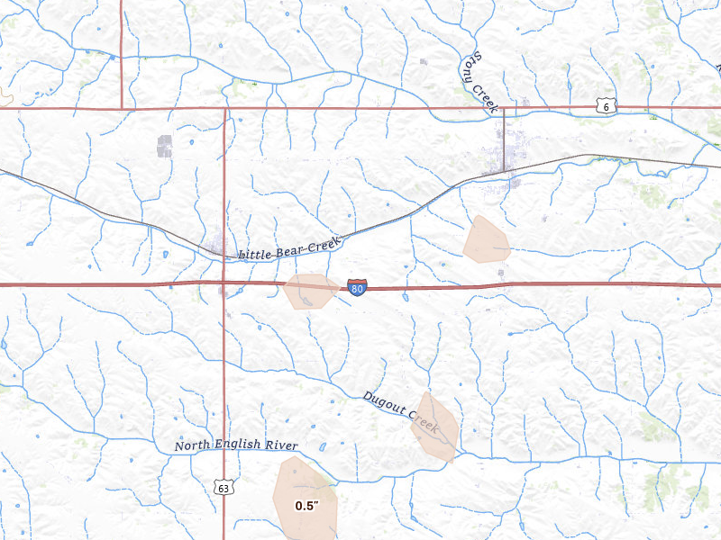 Radar-estimated hail-size map of the storm over Brooklyn, IA on Aug 10, 2026