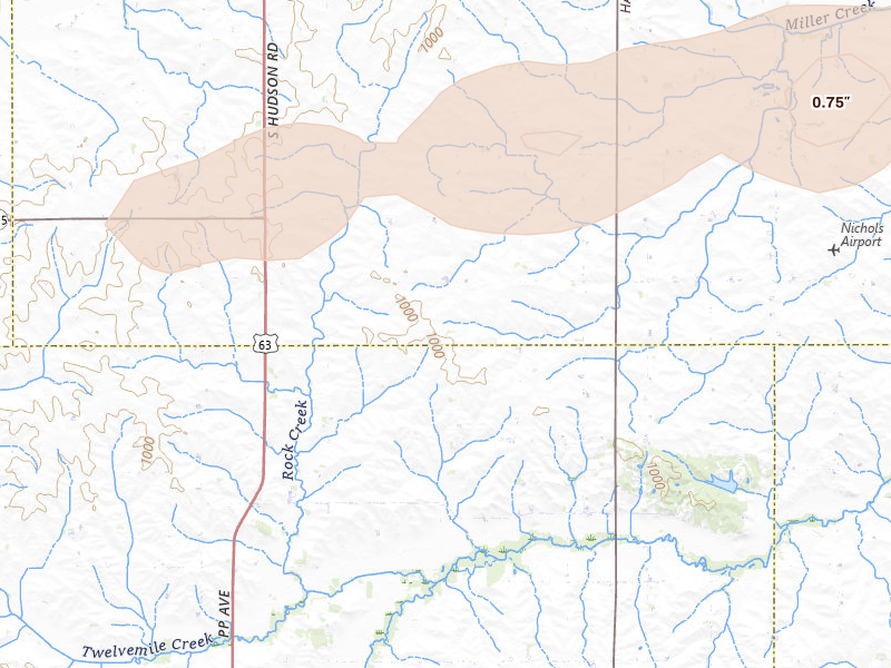Radar-estimated hail-size map of the storm over Buckingham, IA on Jun 28, 2026