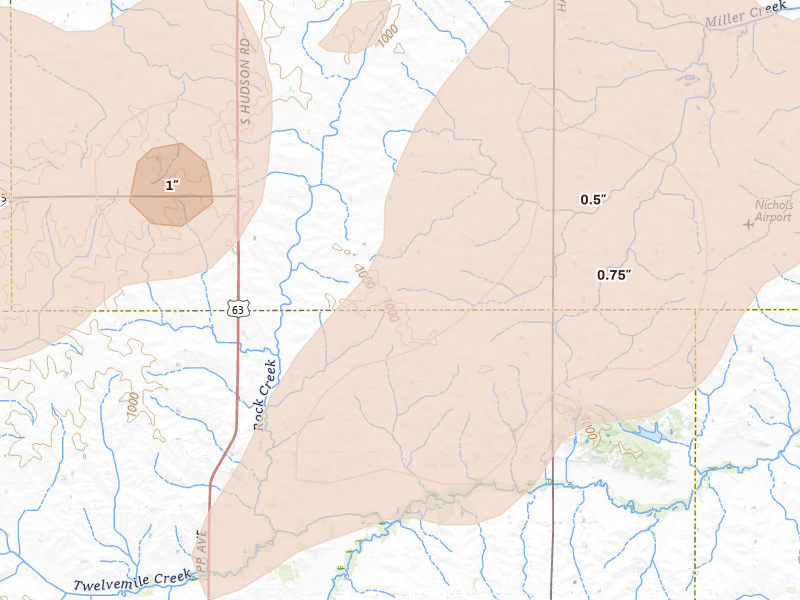 Radar-estimated hail-size map of the storm over Buckingham, IA on Jul 2, 2026