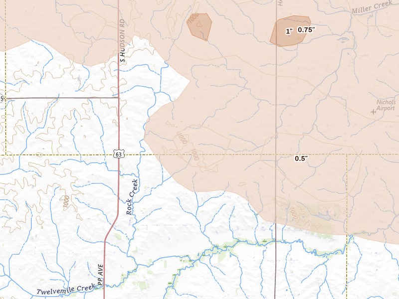 Radar-estimated hail-size map of the storm over Buckingham, IA on Aug 7, 2026