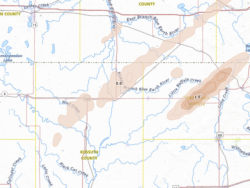 Radar-estimated hail-size map of the storm over Buffalo Center, IA on Apr 11, 2026