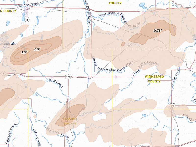 Radar-estimated hail-size map of the storm over Buffalo Center, IA on Apr 13, 2026