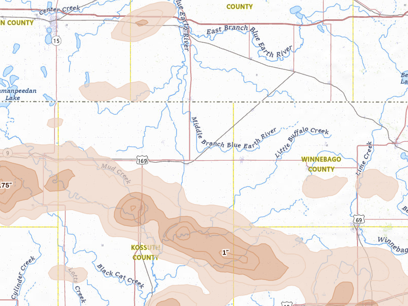 Radar-estimated hail-size map of the storm over Buffalo Center, IA on May 15, 2026