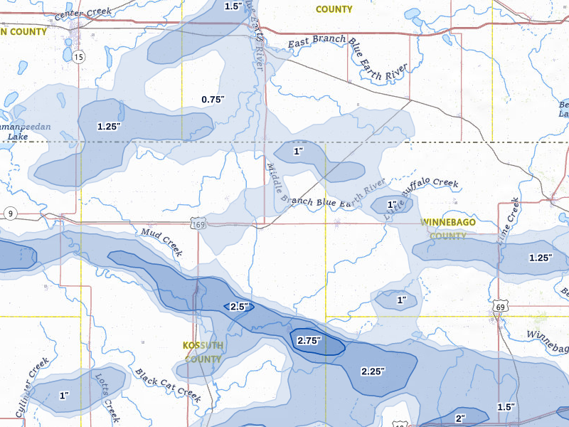 NEXRAD radar-signature map of the hail storm over Buffalo Center, IA on May 15, 2026