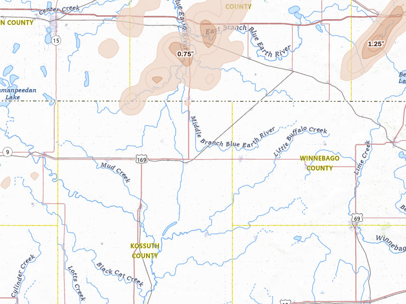 Radar-estimated hail-size map of the storm over Buffalo Center, IA on Jun 29, 2026