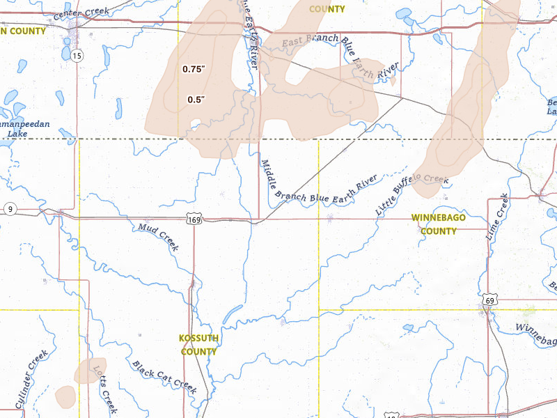 Radar-estimated hail-size map of the storm over Buffalo Center, IA on Jun 30, 2026