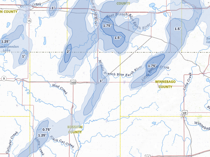 NEXRAD radar-signature map of the hail storm over Buffalo Center, IA on Jun 30, 2026