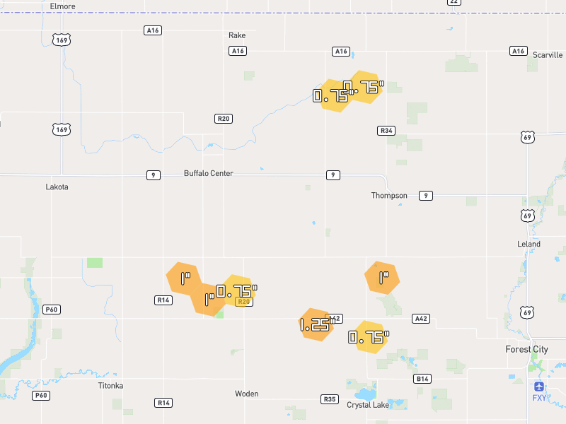 Hail map of Buffalo Center, IA on Jul 2, 2026, hail up to 1.25"
