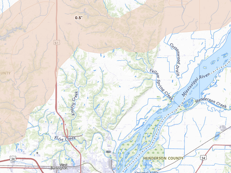Radar-estimated hail-size map of the storm over Burlington, IA on Mar 10, 2026