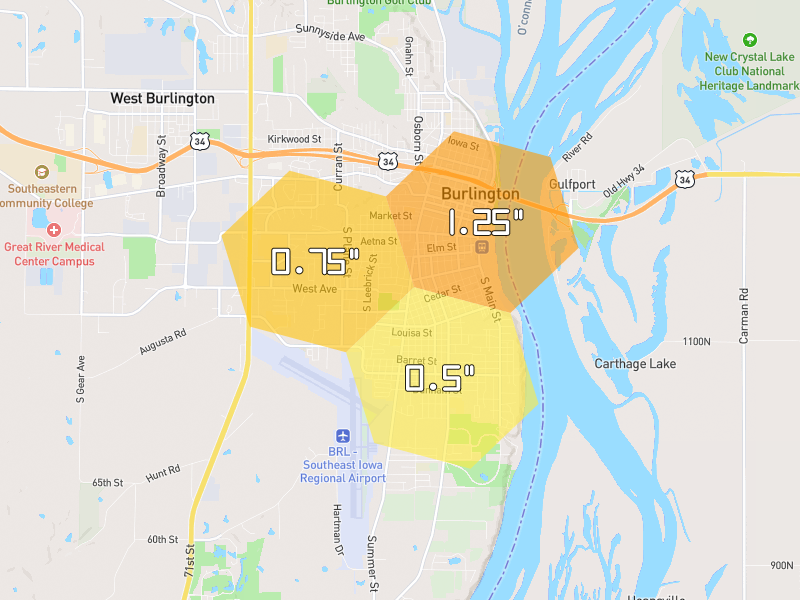 Hail map of Burlington, IA on Jul 9, 2026, hail up to 1.25"