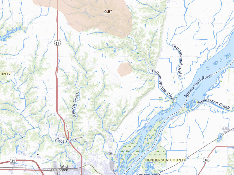 Radar-estimated hail-size map of the storm over Burlington, IA on Aug 13, 2026