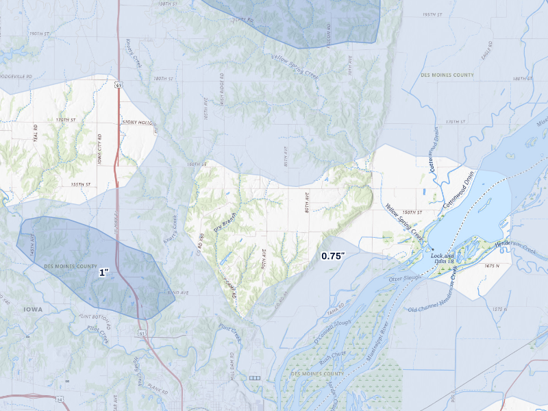 NEXRAD radar-signature map of the hail storm over Burlington, IA on Aug 13, 2026