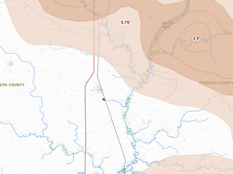 Radar-estimated hail-size map of the storm over Burt, IA on May 15, 2026