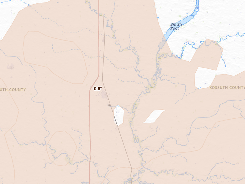 Radar-estimated hail-size map of the storm over Burt, IA on Jun 28, 2026