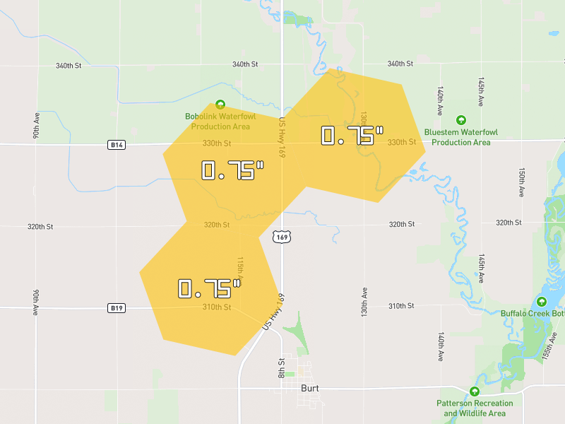 Hail map of Burt, IA on Jul 1, 2026, hail up to 0.75"