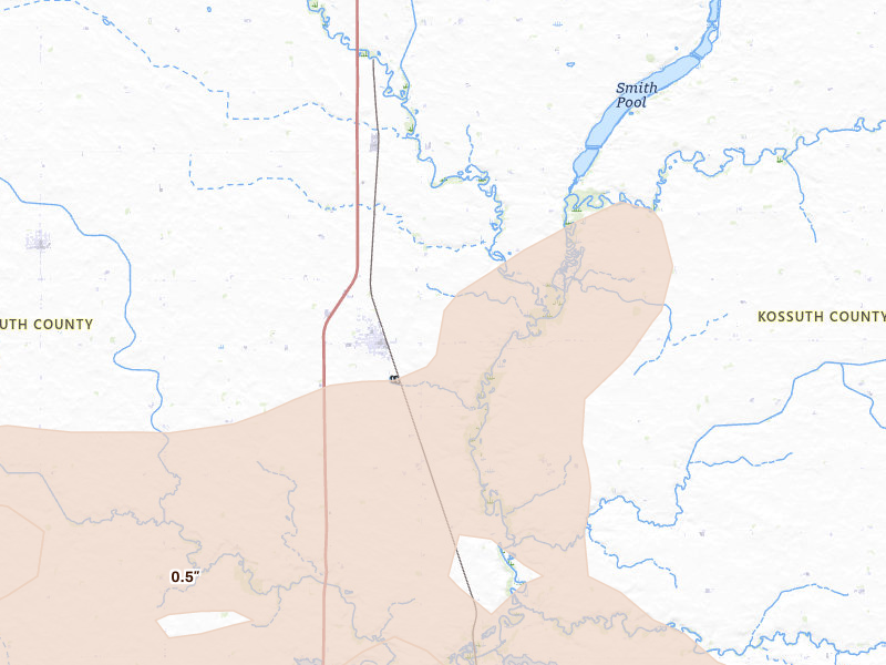 Radar-estimated hail-size map of the storm over Burt, IA on Aug 8, 2026