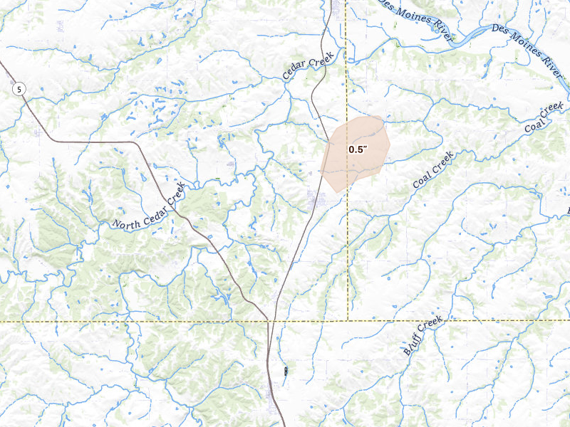 Radar-estimated hail-size map of the storm over Bussey, IA on Jun 10, 2026