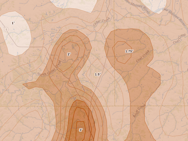 Radar-estimated hail-size map of the storm over Bussey, IA on Jun 11, 2026