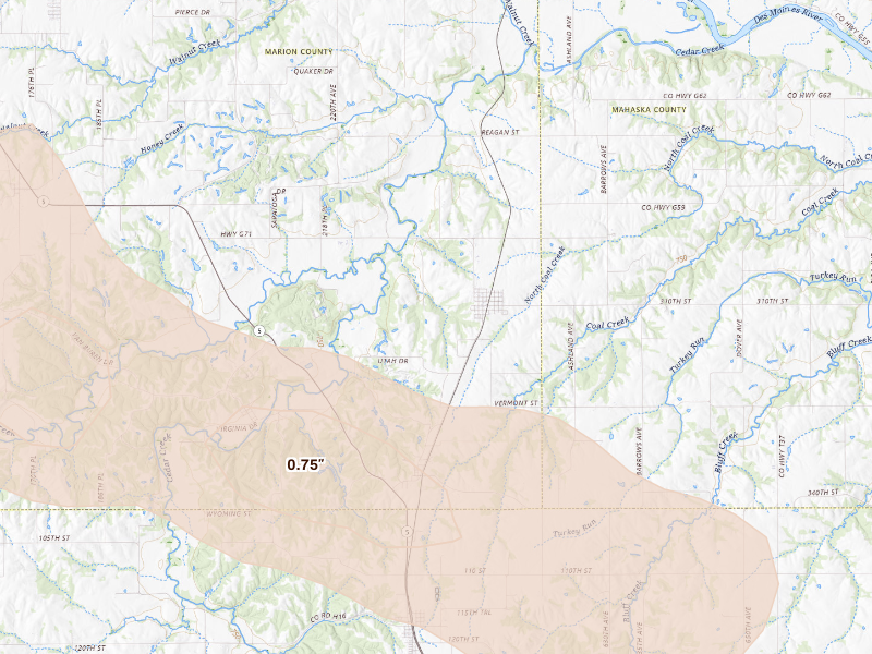 Radar-estimated hail-size map of the storm over Bussey, IA
