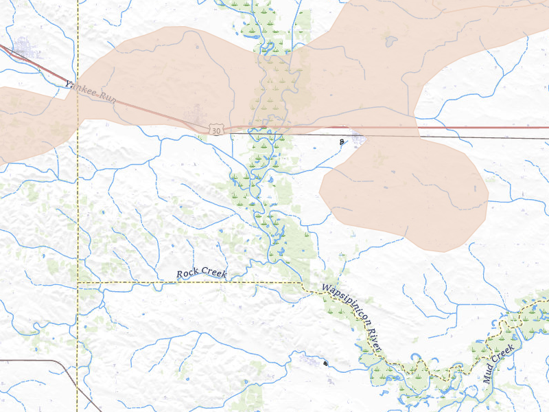 Radar-estimated hail-size map of the storm over Calamus, IA on Jul 3, 2026