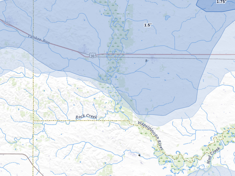 NEXRAD radar-signature map of the hail storm over Calamus, IA on Jul 3, 2026
