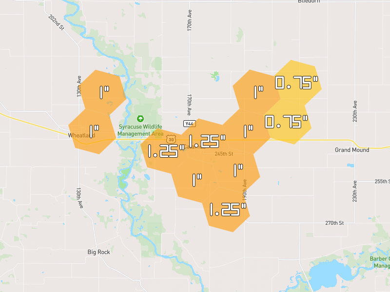 Hail map of Calamus, IA on Jul 4, 2026, hail up to 1.25"