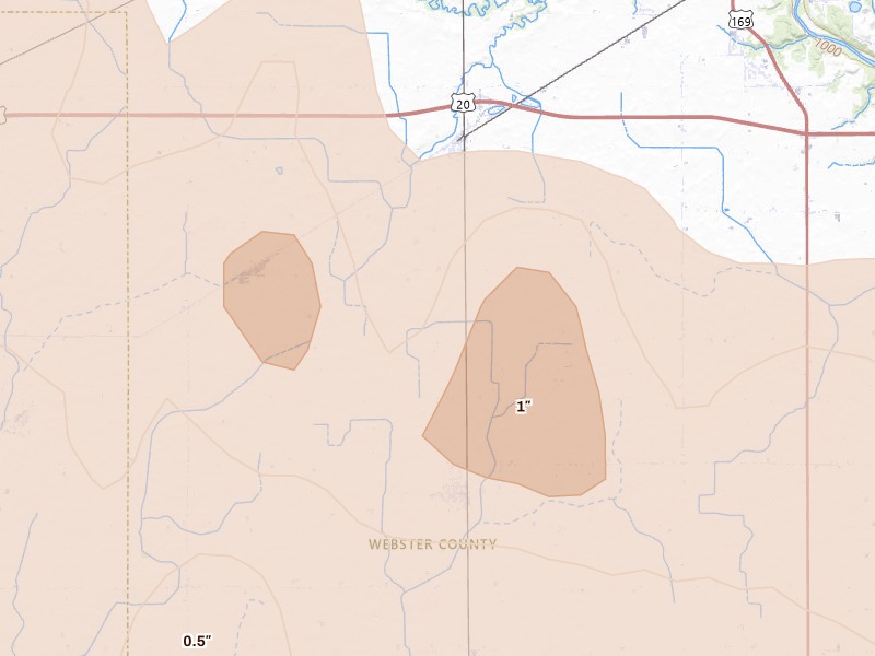 Radar-estimated hail-size map of the storm over Callender, IA on Jun 16, 2026
