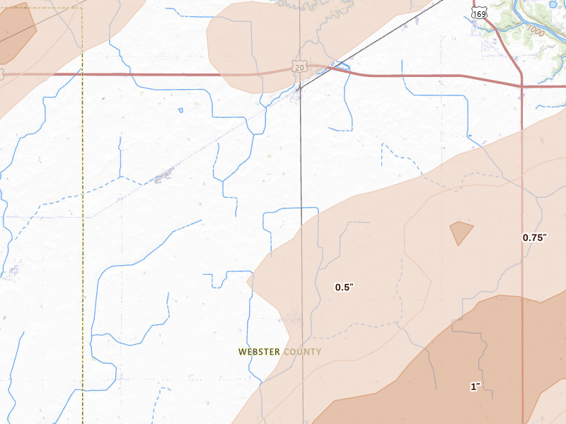 Radar-estimated hail-size map of the storm over Callender, IA on Jul 2, 2026