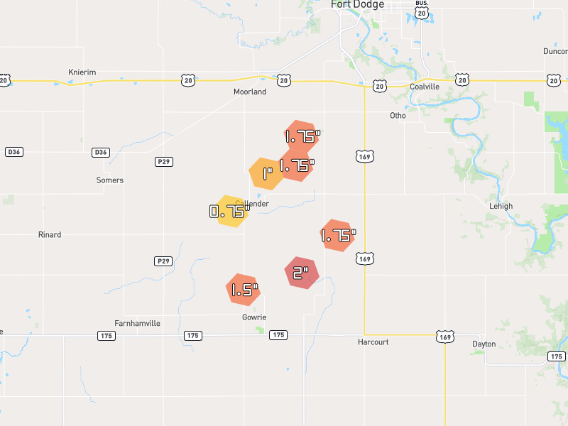 Hail map of Callender, IA on Jul 2, 2026, hail up to 2"