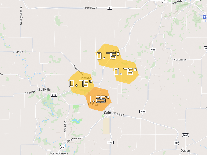 Hail map of Calmar, IA on Jul 1, 2026, hail up to 1.25"