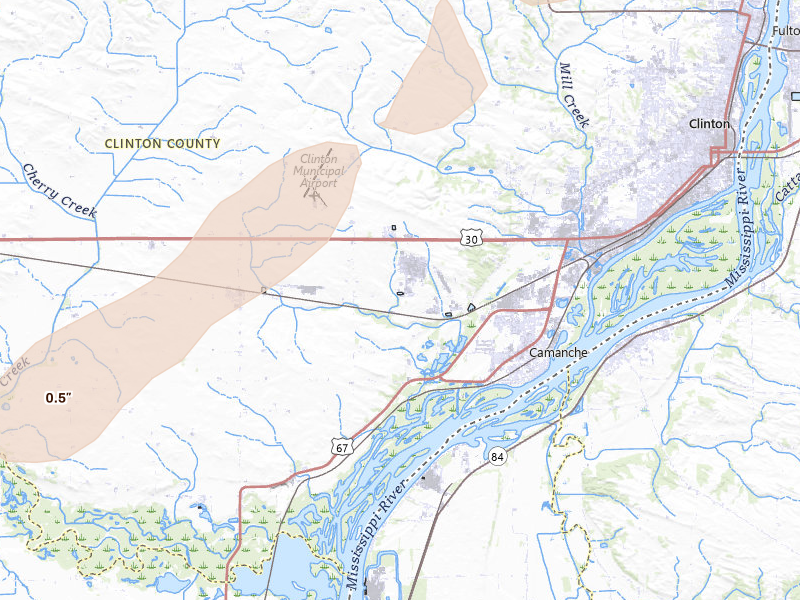 Radar-estimated hail-size map of the storm over Camanche, IA on Apr 2, 2026