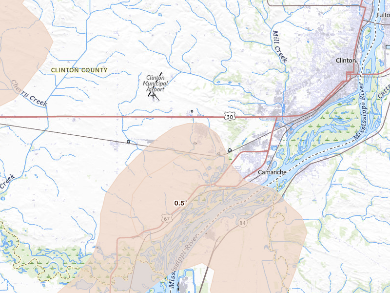 Radar-estimated hail-size map of the storm over Camanche, IA on Jul 3, 2026