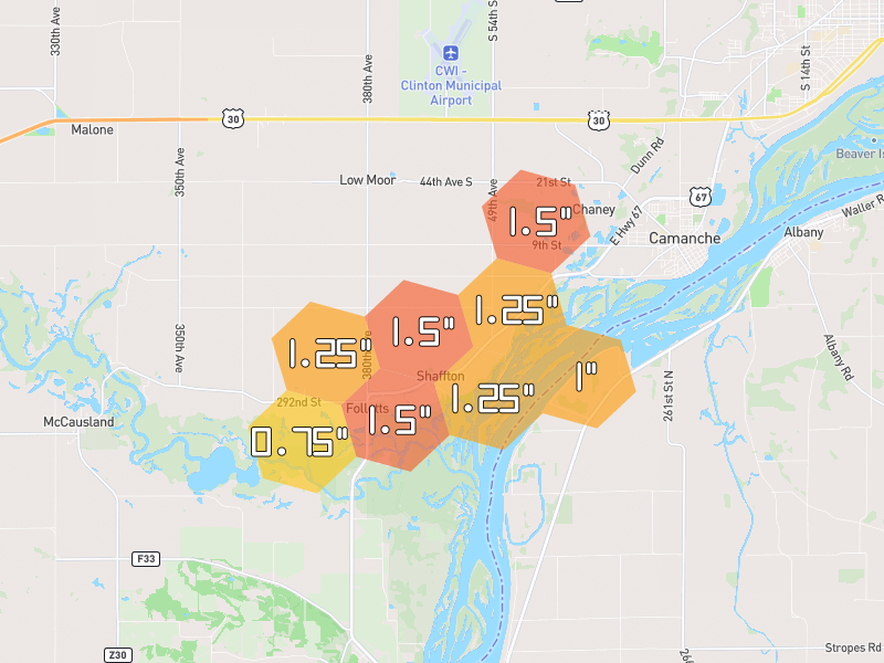 Hail map of Camanche, IA on Jul 3, 2026, hail up to 1.5"