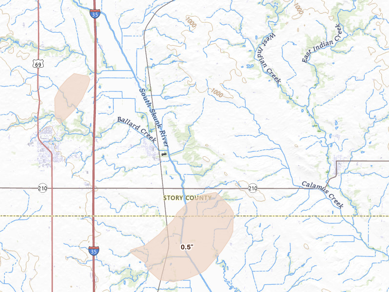 Radar-estimated hail-size map of the storm over Cambridge, IA on Mar 6, 2026