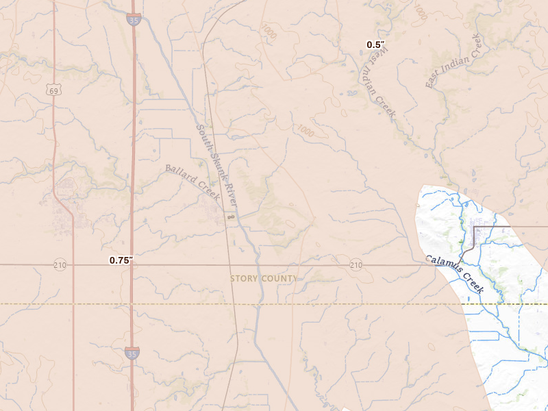Radar-estimated hail-size map of the storm over Cambridge, IA on Jun 11, 2026