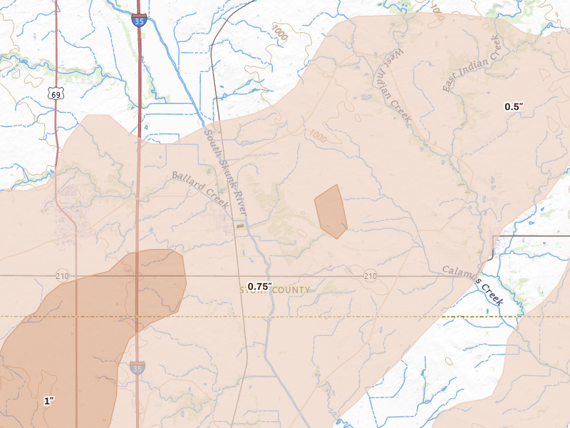 Radar-estimated hail-size map of the storm over Cambridge, IA on Jul 2, 2026