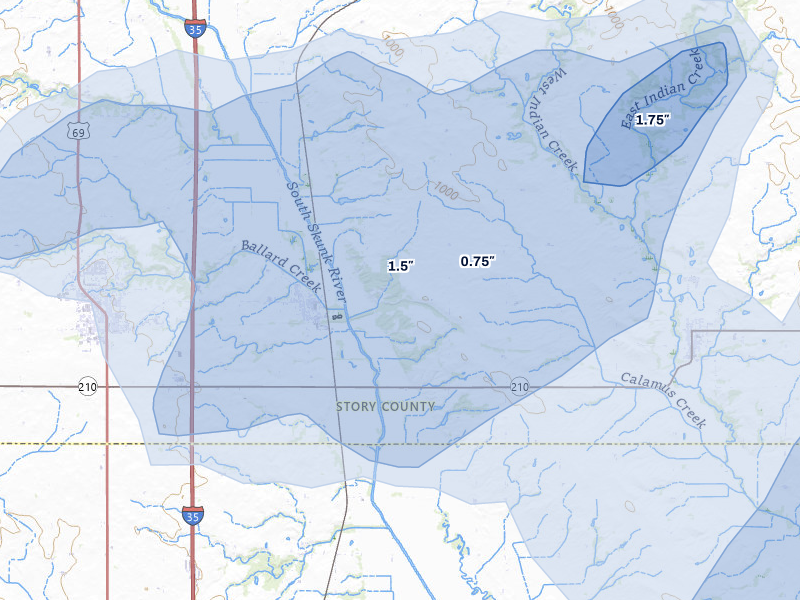 NEXRAD radar-signature map of the hail over Cambridge, IA