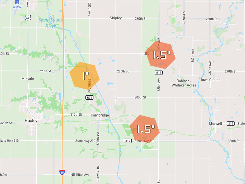 Hail map of Cambridge, IA on Jul 2, 2026, hail up to 1.5"