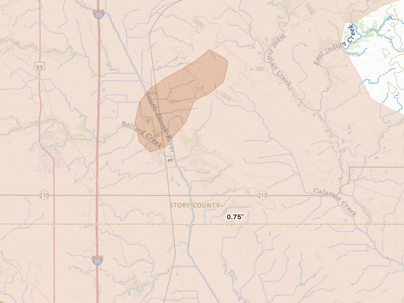 Radar-estimated hail-size map of the storm over Cambridge, IA on Jul 20, 2026