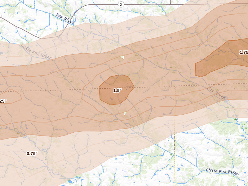 Radar-estimated hail-size map of the storm over Cantril, IA on Mar 10, 2026