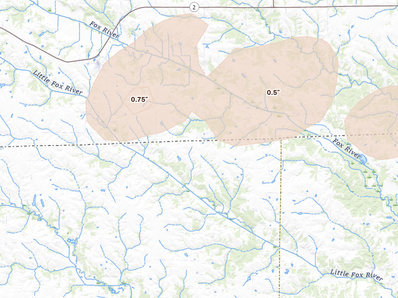 Radar-estimated hail-size map of the storm over Cantril, IA on Mar 26, 2026